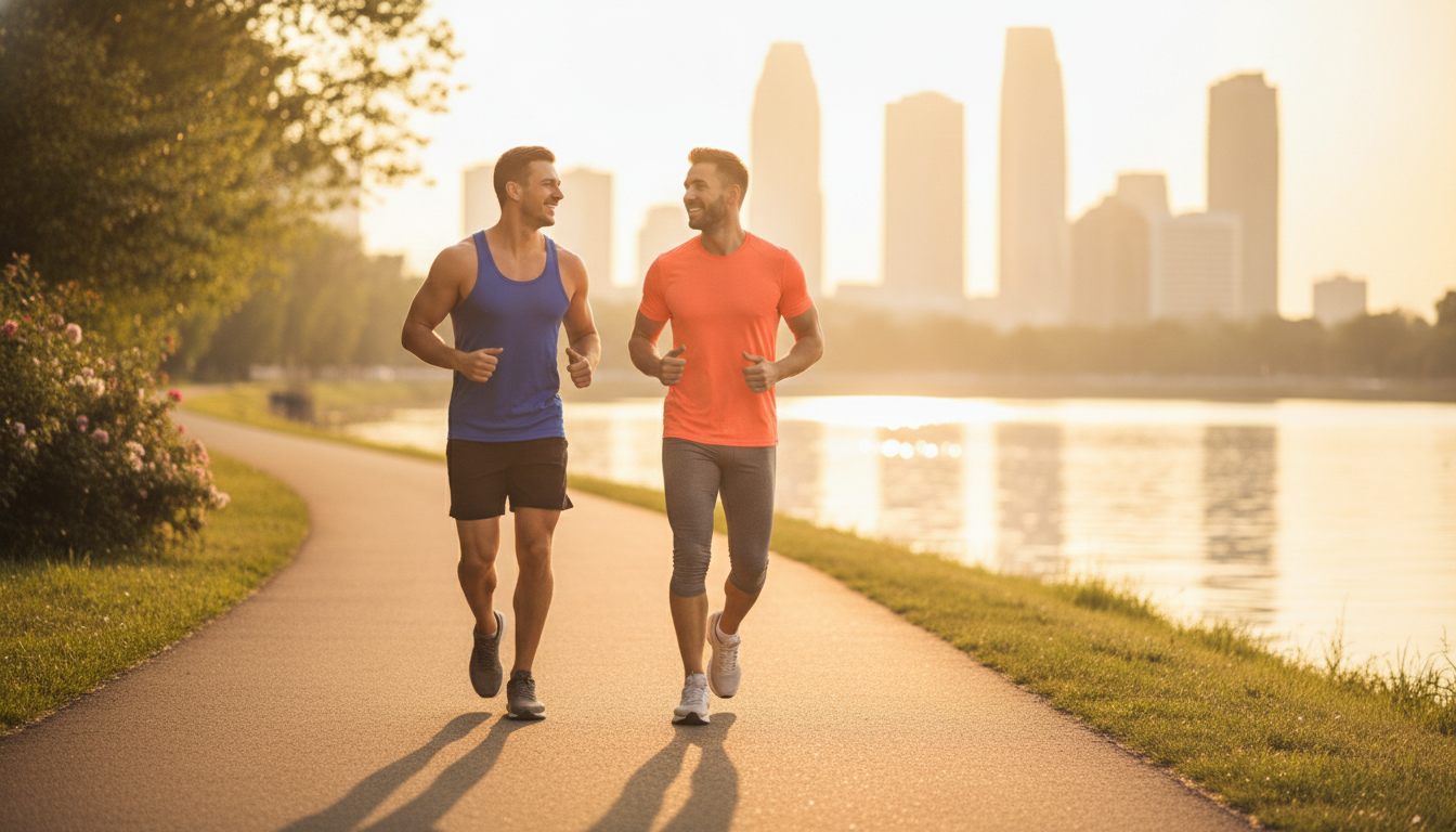 Zwei Männer joggen gemeinsam entspannt am Flussufer bei Sonnenuntergang