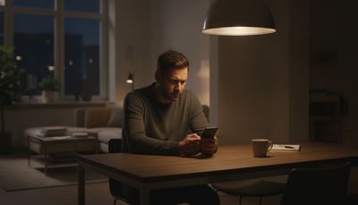 Mann sitzt abends nachdenklich mit Smartphone am Küchentisch