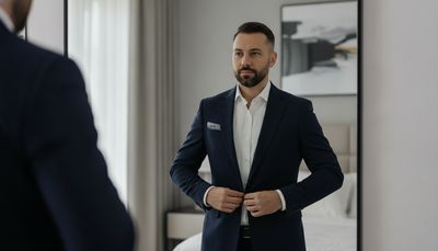 Mann richtet vor dem Spiegel sein elegantes Outfit für ein Date